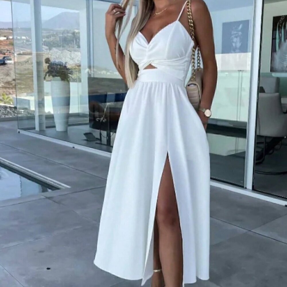 White Preppy Women's Solid Color Sleeveless Split Dress